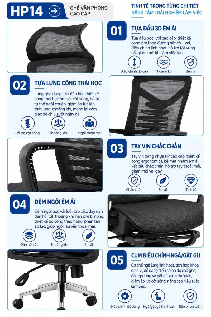 Ghế xoay lưng lưới tựa đầu cố định HP14