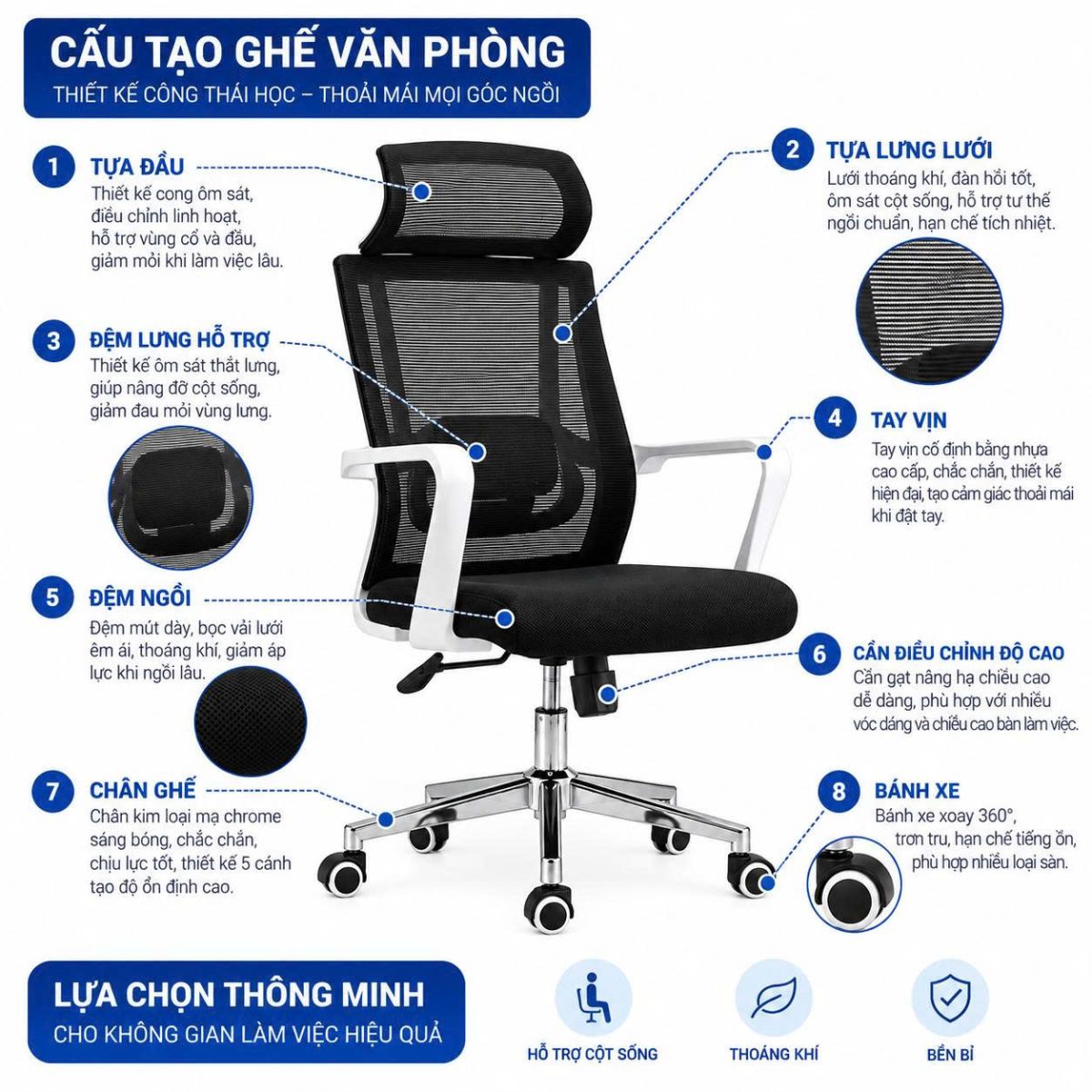 Ghế xoay văn phòng lưng lưới có tựa đầu GX-HP18