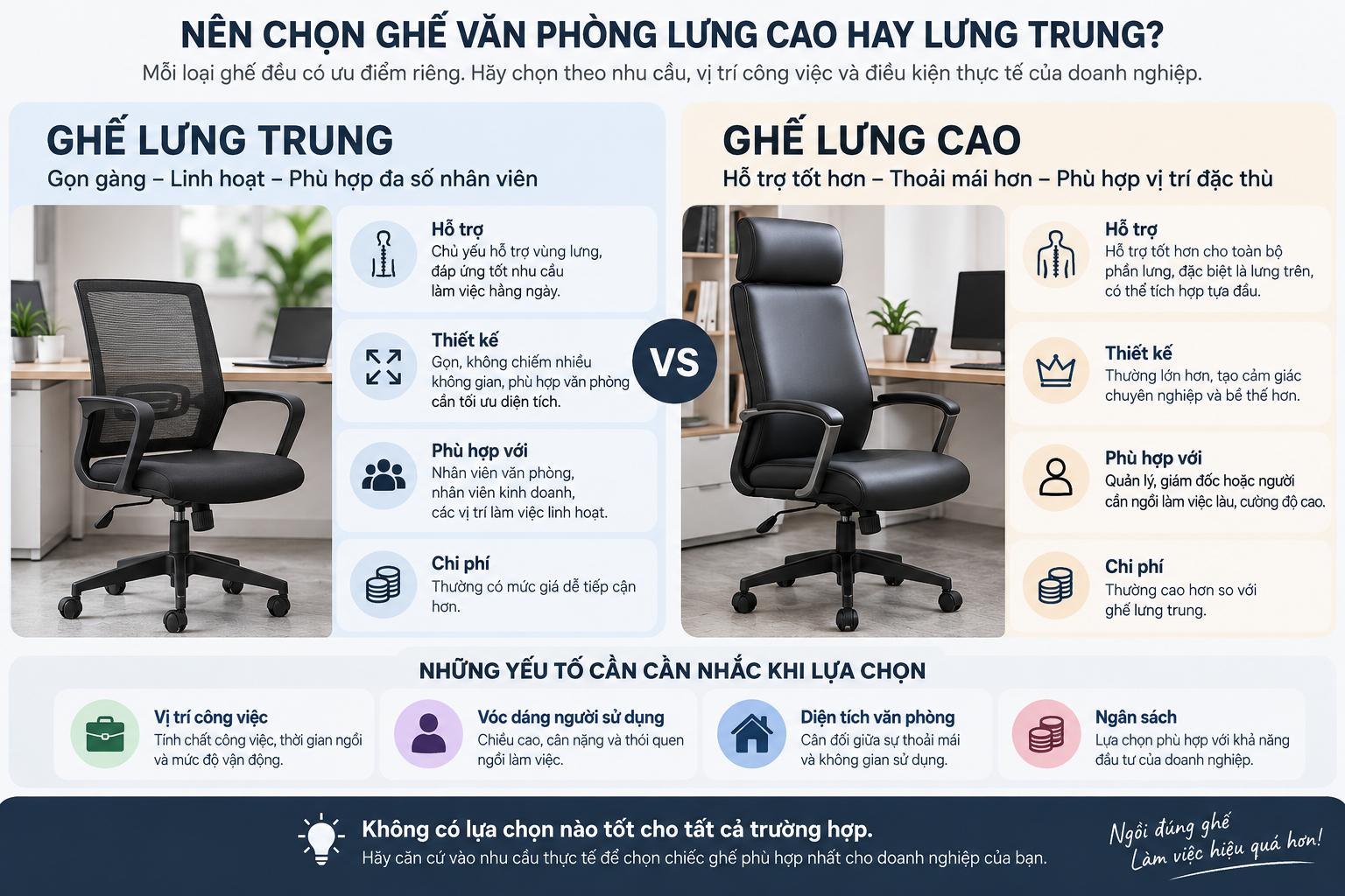 Nên chọn ghế văn phòng lưng cao hay lưng trung?