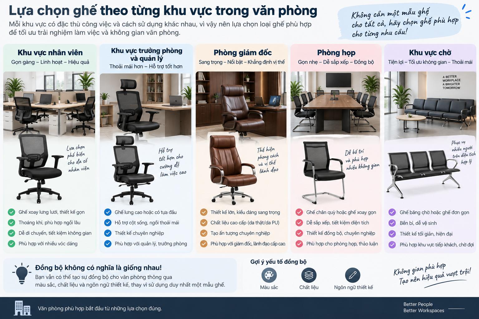 Lựa chọn ghế theo từng khu vực trong văn phòng