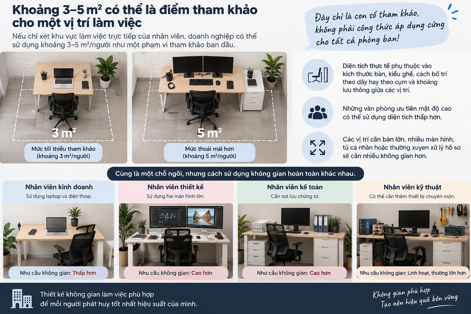 Khoảng 3–5 m² có thể là điểm tham khảo cho một vị trí làm việc