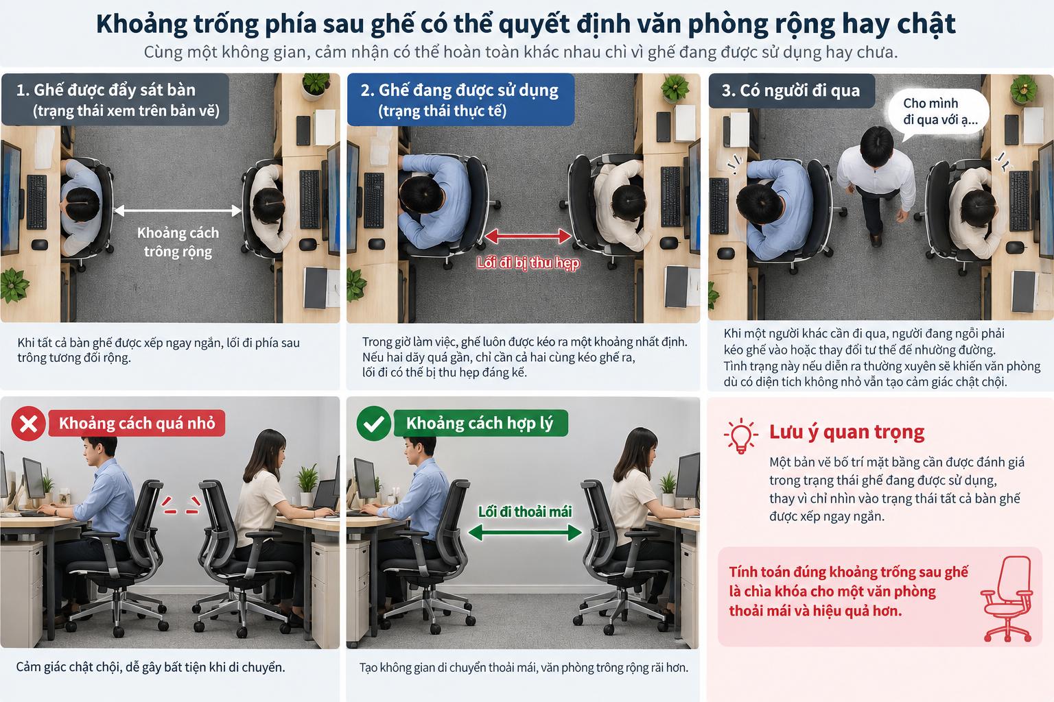 Khoảng trống phía sau ghế có thể quyết định văn phòng rộng hay chật